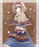  adapted_costume alice_margatroid apron blonde_hair blue_dress blue_eyes bow capelet dress frame hairband highres looking_at_viewer mittens miyakure short_hair snowing solo touhou waist_apron 