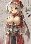  :o absurdres breasts brown_eyes highres hood hoodie large_breasts long_hair mamuru nipples one_eye_closed open_clothes open_mouth open_shirt original shirt silver_hair solo translation_request 