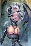  ass back bangs bare_shoulders bat_wings batsu_no_majin_poena black_legwear boots braid breasts chain copyright_name cuffs demon_girl demon_tail door elbow_gloves eyepatch fingerless_gloves fingernails from_behind gloves hair_tubes high_heels holding homare_(fool's_art) horns indoors large_breasts leotard lipstick long_fingernails long_hair looking_at_viewer looking_back makeup nail_polish official_art one-piece_thong pink_eyes shoes sideboob sitting solo stool strap succubus tail thigh_boots thighhighs thong_leotard twin_braids very_long_hair white_hair wings z/x 