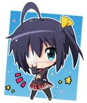  ahoge black_hair blue_eyes chibi chuunibyou_demo_koi_ga_shitai! eyepatch hahifuhe looking_at_viewer one_side_up plaid plaid_skirt school_uniform skirt solo star takanashi_rikka thighhighs 