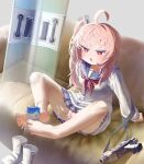  1girl absurdres ahoge arm_support barefoot black_sailor_collar black_skirt blue_archive blush boots breasts buttons cardigan chinese_commentary collarbone commentary_request couch drink_carton drinking_straw feet full_body gun highres holding_with_feet jitome long_hair long_sleeves making-of_available micro_uzi milk milk_carton miniskirt natsu_(blue_archive) neckerchief no_halo on_couch open_mouth panties pink_hair pink_panties pleated_skirt raised_inner_eyebrows red_eyes red_neckerchief riot_shield sailor_collar school_uniform serafuku shield side_ponytail sitting skirt small_breasts soles solo striped_clothes striped_panties submachine_gun suggestive_fluid sunshine_wuchen toes underwear unworn_boots weapon white_boots white_cardigan 