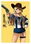  1boy 2girls blonde_hair blue_eyes border brown_hat colt_single_action_army commentary cowboy_hat cutoffs denim denim_shorts english_commentary finger_on_trigger gun hand_on_own_hip hat holding holding_gun holding_weapon iowa_(kancolle) iowa_(setsubun)_(kancolle) kantai_collection long_hair looking_at_another looking_to_the_side masu multiple_girls official_alternate_costume revolver shirt shorts simple_background star-shaped_pupils star_(symbol) striped_clothes striped_shirt symbol-shaped_pupils thigh_strap timmyyen translation_request weapon white_border yellow_background 