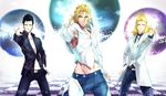  armor black_hair blonde_hair blue_eyes collarbone cowboy_shot denim el_shaddai enoch formal highres ichikawa_ryuunosuke jeans looking_at_viewer lucifel_(el_shaddai) male_focus michael_(el_shaddai) midriff multiple_boys navel necktie outstretched_arm outstretched_hand pants parted_lips pointing pointing_at_viewer shirt smile standing suit white_shirt yellow_eyes 