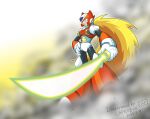  1boy armor blonde_hair blue_eyes blurry blurry_background capkobun dust energy_sword full_body helmet holding holding_sword holding_weapon long_hair male_focus mega_man_(series) mega_man_x_(series) ponytail red_armor red_helmet solo standing sword weapon z_saber zero_(mega_man) 