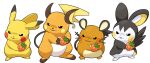  berry_(pokemon) commentary_request dedenne emolga golden_razz_berry highres holding no_humans parted_lips photo-referenced pikachu pokemoa pokemon pokemon_(creature) pokemon_focus raichu simple_background tail white_background wings 