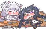  2girls animal_ear_fluff animal_ears animal_hands black_hair blush_stickers bodysuit braid braided_ponytail breasts canned_tuna cat_ears cat_girl cat_loaf cat_paws cat_tail chibi chibi_only chips_(food) ciao_churu closed_eyes commentary_request diyap food fruit grey_hair heterochromia korean_commentary large_breasts last_origin long_hair looking_at_viewer low_twintails lying maid maid_headdress mandarin_orange multiple_girls on_back orange_peel perrault_(last_origin) pet_food poi_(last_origin) potato_chips purple_eyes ribbon sleeping tail tongue tongue_out twin_braids twintails very_long_hair yellow_eyes zzz 