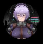 1girl arc2urus armor beyond_citadel border breasts closed_mouth commentary dark_background hair_between_eyes headset health_bar highres large_breasts looking_at_viewer martyr_(the_citadel) purple_eyes purple_hair round_border short_hair solo the_citadel 