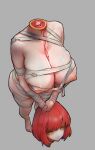 1girl absurdres bandages barefoot black_outline bleeding blood blood_on_neck bob_cut breasts chromatic_aberration cleavage closed_mouth commentary disembodied_head empty_eyes ero_guro expressionless from_above full_body grabbing_another's_hair grey_background guro headless highres holding holding_another's_hair holding_detached_head huge_breasts mummy naked_bandage nipples orange_eyes original outline rasputin_(syr_syr_ss) red_hair shiny_skin short_hair simple_background skindentation solo standing torn_bandages two-handed 