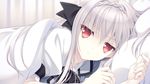  bow game_cg grey_hair hair_bow long_hair looking_at_viewer lying non-web_source pillow red_eyes ribbon sakurakouji_luna solo suzuhira_hiro tsuki_ni_yorisou_otome_no_sahou 