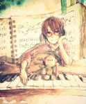  arm_support bad_id bad_pixiv_id bass_clef beamed_eighth_notes beamed_sixteenth_notes binder brown_hair eighth_note flat_sign glasses half_rest headphones instrument keyboard_(instrument) male_focus marashii monkey musical_note quarter_note sheet_music solo stuffed_animal stuffed_toy traditional_media treble_clef vocaloid watercolor_(medium) world's_end_dancehall_(vocaloid) 