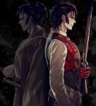  1boy back-to-back belt bevel black_hair closed_mouth commentary_request dual_persona fate/grand_order fate_(series) from_side gloves gun hijikata_toshizou_(fate) holding holding_gun holding_weapon japanese_clothes male_focus mature_male red_gloves rifle short_hair sword weapon 