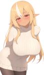  1girl arms_behind_back black_pantyhose blonde_hair blush breasts closed_mouth commentary cowboy_shot dark-skinned_female dark_elf dark_skin elf half-closed_eyes hololive large_breasts long_hair long_sidelocks looking_at_viewer multicolored_hair pantyhose pointy_ears ribbed_sweater sen_(senkuden) shiranui_flare sidelocks simple_background smile solo streaked_hair sweater symbol-only_commentary turtleneck turtleneck_sweater two-tone_hair virtual_youtuber white_background white_streaks white_sweater 