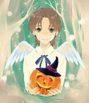  bare_tree blue_eyes brown_hair fate/zero fate_(series) hat highres juize male_focus pumpkin solo toosaka_tokiomi tree wings witch_hat younger 