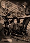  3boys bevel collared_shirt commentary_request computer crossed_arms cuffs cup fate/grand_order fate_(series) forked_eyebrows gun handcuffs highres hijikata_toshizou_(fate) holding holding_cup laptop looking_at_viewer male_focus mature_male mouth_hold mug multiple_boys nagakura_shinpachi_(fate) necktie rifle saitou_hajime_(fate) sepia shirt sitting stalk_in_mouth vest weapon 
