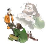  2boys alcohol black_hair blazer bomber_jacket bottle brown_hair buzz_cut disco_elysium facial_hair full_body glasses gloves green_jacket hair_slicked_back hands_on_another's_legs harry_du_bois highres invisible_chair jacket kim_kitsuragi male_focus mullet multiple_boys mutton_chops orange_gloves orange_jacket pleading_eyes short_hair sitting uni_barti very_short_hair 
