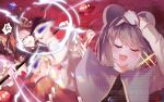  2girls absurdres anger_vein animal_ears arnold_fland ascot between_fingers bishamonten's_pagoda blush bow brown_hair capelet closed_eyes commentary_request commission detached_sleeves facing_viewer frilled_bow frilled_hair_tubes frills gohei grey_capelet hair_bow hair_tubes hakurei_reimu hand_on_own_face highres holding holding_gohei holding_ofuda jujutsu_kaisen long_hair long_sleeves medium_hair meme mouse_ears mouse_girl multiple_girls naoya_hitting_choso_without_looking_(meme) nazrin ofuda ofuda_between_fingers open_mouth parody red_bow red_skirt ribbon-trimmed_sleeves ribbon_trim skirt skirt_set smile spoken_anger_vein touhou ufo watermark yellow_ascot 