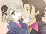  1girl alvin_(tales) blazer bow brown_eyes brown_hair elize_lutus green_eyes hair_bow jacket necktie one_eye_closed pink_neckwear sepia_background short_hair smile tales_of_(series) tales_of_xillia tales_of_xillia_2 toraneko 