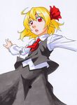  ahoge ascot blonde_hair bow hair_bow kawachi_koorogi long_sleeves open_mouth outstretched_arms red_eyes rumia short_hair simple_background solo spread_arms touhou traditional_media vest 