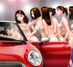  ass bikini blush breasts brown_eyes brown_hair car cleavage ground_vehicle highres large_breasts lens_flare lips long_hair looking_back mini_cooper motor_vehicle multiple_girls open_mouth original parted_lips ponytail short_hair skindentation smile strap_gap swimsuit twintails wristband yui_toshiki 