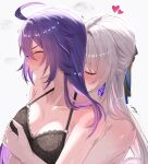  2girls absurdres ahoge black_bra blush bra bronya_rand closed_eyes commentary_request covered_nipples grabbing_another's_breast grabbing_from_behind grey_hair groping heart highres honkai:_star_rail honkai_(series) lace-trimmed_bra lace_trim long_hair miya-chan_(lightning0730) multiple_girls paid_reward_available purple_hair seele_(honkai:_star_rail) signature simple_background underwear upper_body white_background yuri 