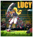  1boy 4girls 666hidemoonbird ball baseball baseball_(object) baseball_bat black_boots black_gloves black_helmet black_jacket black_shirt black_shorts blonde_hair blowing_bubble_gum boots burnice_white caesar_king_(zenless_zone_zero) character_name chewing_gum combat_helmet commentary crop_top crossed_bangs english_commentary fur-trimmed_shorts fur_trim gloves grass hair_between_eyes half_gloves helmet highres holding holding_baseball_bat jacket leg_up lighter_(zenless_zone_zero) luciana_de_montefio mask mask_around_neck metal_baseball_bat micro_shorts midriff multiple_girls navel pickelhaube piper_wheel red_eyes respirator shirt shorts shout_lines side_ponytail standing standing_on_one_leg star_(symbol) torn_clothes torn_shirt zenless_zone_zero 