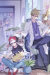  3boys 88_(einnimnech) baseball_cap beak bird black_hair black_pants black_shirt blue_eyes blue_oak blue_pants brown_eyes brown_hair brown_pants chair closed_eyes closed_mouth coat commentary_request eevee floating grey_hair hat highres holding holding_brush holding_paper id_card jigglypuff lab_coat lanyard mew_(pokemon) multiple_boys oddish on_chair on_floor on_shoulder open_clothes open_coat open_mouth pants paper pidgey pikachu plant pokemon pokemon_(creature) pokemon_on_shoulder poliwag potted_plant professor_oak purple_shirt red_(pokemon) red_eyes red_hat shirt shoes short_hair short_sleeves sitting smile spiked_hair swivel_chair white_coat wings 