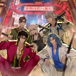  1girl 4boys ahoge bare_pectorals belt bevel black_belt black_hair black_shirt blue_shirt blurry blurry_background breasts cleavage clenched_teeth commentary_request delinquent fate/grand_order fate_(series) furrowed_brow green_eyes green_jacket grey_hair highres hijikata_toshizou_(fate) holding holding_removed_eyewear jacket multiple_boys okita_souji_(fate) open_mouth outdoors pants pectorals pink_shirt red_pants saitou_hajime_(fate) saitou_hajime_(third_ascension)_(fate) shirt slav_squatting squatting teeth unworn_eyewear white_belt white_pants yamanami_keisuke_(fate) 