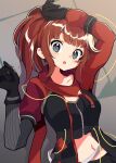  1girl :o arm_warmers arms_up asymmetrical_clothes asymmetrical_sleeves black_gloves black_skirt black_tank_top breasts ceros commentary_request cowboy_shot crop_top gloves grey_arm_warmers hair_ribbon hanabi_ichijou highres jacket long_hair looking_at_viewer medium_breasts midriff navel open_clothes open_jacket open_mouth purple_eyes red_hair red_ribbon red_sleeves ribbon scarlet_nexus side_ponytail sidelocks skirt solo standing tank_top zipper 