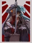  2boys a_nzi_end absurdres belt border closed_mouth collared_shirt commentary_request fate/grand_order fate_(series) grey_hair highres hijikata_toshizou_(fate) holding holding_sword holding_weapon looking_at_viewer male_focus multiple_boys red_background red_eyes rising_sun_flag saitou_hajime_(fate) shirt short_hair sitting sunburst sword weapon white_border 