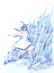  :d alternate_costume bad_id bad_pixiv_id bare_shoulders barefoot blue_eyes blue_hair bow cirno dress full_body hair_bow hand_on_hip highres ice open_mouth outstretched_arm short_hair smile solo standing toeless_legwear touhou v-shaped_eyebrows wel_roys white_background white_dress 