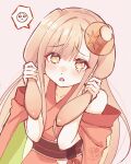 1girl animal_ears bare_shoulders blonde_hair cho_kaguya-hime! commentary_request crescent crescent_hair_ornament emoji hair_ornament hands_up highres holding_own_ears japanese_clothes kaguya_(cho_kaguya-hime!) kimono long_hair looking_at_viewer lop_rabbit_ears obi open_mouth orange_kimono pink_background pleading_eyes pleading_face_emoji rabbit_ears sash satomoriumi simple_background solo spoken_emoji tearing_up upper_body 