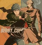  2boys bevel black_gloves black_shirt character_request closed_mouth commentary_request english_text fate/grand_order fate_(series) fingerless_gloves gloves green_jacket grey_hair gun handgun holding holding_gun holding_weapon jacket james_bond_(series) male_focus midriff_peek multiple_boys saitou_hajime_(fate) shirt short_hair smoke smoking_barrel weapon 