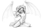 2026 animate_inanimate deadlock featureless_chest female_(lore) gargoyle greyscale hand_on_head ivy_(deadlock) living_statue mario-grant membrane_(anatomy) membranous_wings monochrome nude sculpture sitting sitting_on_ground solo statue traditional_media_(artwork) valve valve_corporation wings