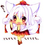  animal_ears blush chibi chocolat_(momoiro_piano) detached_sleeves hat hat_ribbon inubashiri_momiji long_sleeves marker_(medium) open_mouth outstretched_arms red_eyes ribbon running shirt short_hair silver_hair skirt smile solo tail tokin_hat touhou traditional_media translated wide_sleeves wolf_ears wolf_tail 
