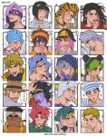  3girls 6+boys animal_print arm_behind_head asymmetrical_bangs bantu_knots battle_tendency beard black_hair blonde_hair blood blood_splatter blue_hair blunt_bangs blush blushing_girls_are_cute_(template) bob_cut braid braided_bun bridal_gauntlets bruno_bucciarati chain chain_earrings clenched_teeth closed_eyes colored_skin covering_own_ears covering_own_mouth cowboy_hat dark-skinned_male dark_skin dio_brando domino_mask double_bun earrings eye_mask facial_hair fang fangs fur_hat gakuran ghiaccio glasses gloves green_eyes green_hair green_lips grey_hair grin hair_bun hair_ornament hand_on_own_cheek hand_on_own_face hand_on_own_neck hand_up hat headband headpat heart heart_earrings higashikata_josuke_(jojolion) highres holding holding_removed_eyewear holding_spoon hood hood_up hoop_earrings horned_hat hot_pants_(sbr) index_finger_raised jewelry jodio_joestar jojo_no_kimyou_na_bouken jojolion joseph_joestar joseph_joestar_(old) kakyoin_noriaki kira_yoshikage kishibe_rohan kiss kissing_hand kujo_jolyne leopard_print lisa_lisa long_hair looking_to_the_side mask melone mohammed_avdol mountain_tim multicolored_hair multiple_boys multiple_drawing_challenge multiple_girls mustache narancia_ghirga nose_blush old old_man one_eye_closed parted_bangs parted_lips pink_eyes pink_hair ponytail purple_eyes purple_hair purple_skin red-framed_eyewear red_eyes red_hair ringo_roadagain sailor_collar sailor_hat scarf school_uniform short_hair shuaitofu sleeves_past_wrists smile spoon stand_(jojo) star_platinum stardust_crusaders steel_ball_run stone_ocean sweat teeth tongue tongue_out two_side_up unworn_eyewear vanilla_ice vento_aureo weather_report wristband zebra_print 