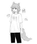  1girl :p animal_ears animification basil_(wgh0anzdple3asf) ben-day_dots chibi chibi_inset closed_mouth commentary_request cowboy_shot greyscale highres korean_commentary link!_like!_love_live! looking_at_viewer love_live! monochrome pants real_life screentones seeno_de!_hasu_no_sora! shirt short_sleeves t-shirt tail tongue tongue_out track_pants tsukine_kona voice_actor wolf_ears wolf_girl wolf_tail 