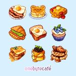  bacon blueberry bread bread_slice chicken_(food) croissant egg_(food) food food_focus fried_egg fruit maple_syrup meat muffin no_humans one_byte_cafe original pancake pixel_art toast waffle 
