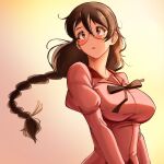  1girl bakemonogatari black-framed_eyewear black_hair black_ribbon blush braid braided_ponytail breasts brown_eyes commentary dilan_griz double-parted_bangs glasses hair_between_eyes hair_ornament hair_tie hairclip hanekawa_tsubasa highres juliet_sleeves large_breasts light_particles long_hair long_sleeves monogatari_(series) naoetsu_high_school_uniform parted_lips puffy_sleeves ribbon school_uniform semi-rimless_eyewear single_braid solo under-rim_eyewear upper_body yellow_background 