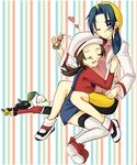  blue_eyes blue_hair brown_hair closed_eyes crystal_(pokemon) dual_persona hat hug kotone_(pokemon) multiple_girls one_eye_closed pokemon pokemon_(game) pokemon_gsc pokemon_hgss ribbon sitting sweatdrop twintails uyuki_(ouun) 