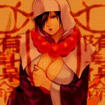  beads black_hair breasts cleavage hair_over_one_eye hood japanese_clothes jewelry large_breasts lips lowres mmcxcircus mole nail_polish necklace ookami_(game) parted_lips prayer_beads red_eyes solo talisman tsuzurao 