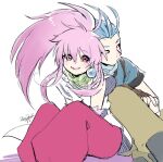  1boy 1girl arche_klein chester_burklight closed_mouth commentary_request earrings elbow_gloves gloves jewelry long_hair looking_at_viewer mini_(minimilk) pants pink_eyes pink_hair pink_pants ponytail smile tales_of_(series) tales_of_phantasia wide_ponytail 