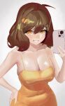  1girl absurdres ahoge anis_(nikke) bare_shoulders braakwurst breasts brown_eyes brown_hair cellphone cleavage covered_navel dress goddess_of_victory:_nikke grin hair_between_eyes hair_ornament hand_on_own_hip highres holding holding_phone huge_breasts impossible_clothes impossible_dress large_breasts looking_at_viewer low_neckline mirror_selfie navel open_mouth pencil_dress phone selfie short_hair simple_background skindentation sleeveless sleeveless_dress smartphone smile solo stomach taking_picture taut_clothes taut_dress tight_clothes tight_dress white_background yellow_dress yellow_eyes 