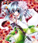  bad_id bad_pixiv_id black_hairband blue_eyes flower hair_flower hair_ornament hair_ribbon hairband hitodama konpaku_youmu konpaku_youmu_(ghost) leaf long_sleeves mouth_hold ribbon sheath short_hair silver_hair skirt solo sword touhou ura_hiro weapon 