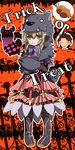  1girl alvin_(tales) animal_costume bat boned_meat boots bow brown_hair doll dress elize_lutus food frills full_body green_eyes halloween meat orange_background ribbon short_hair smile speech_bubble spoken_food spoken_person tales_of_(series) tales_of_xillia teepo_(tales) toraneko trick_or_treat wolf_costume 