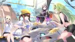  4girls absurdres black_skirt black_tiara blonde_hair blue_eyes braid brown_hair chime_(nikke) commentary_request crown_(nikke) drill_hair drill_sidelocks fune_(fune83ojj) goddess_of_victory:_nikke green_eyes green_hair grey_hair hat highres kilo_(nikke) long_hair long_sidelocks mecha modernia_(nikke) modernia_(second_affection)_(nikke) multiple_girls official_alternate_costume red_eyes robot shirt sidelocks skirt smile sweater_vest talos_(nikke) tiara twin_braids white_knight_(nikke) white_shirt yellow_hat 