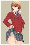  blazer blush brown_hair collarbone jacket long_hair looking_at_viewer low_twintails mizutani_shizuku nagayori necktie panties school_uniform short_hair side-tie_panties simple_background skirt skirt_lift solo striped striped_panties sweater tonari_no_kaibutsu-kun twintails underwear 