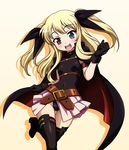  :d arm_strap bangs baron_(baron-eros) belt beltbra black_gloves black_legwear blonde_hair blue_eyes blush boku_wa_tomodachi_ga_sukunai buckle cape clenched_hands cosplay covered_navel fate_testarossa fate_testarossa_(cosplay) flat_chest gloves gradient gradient_background groin hair_ribbon halterneck happy hasegawa_kobato head_tilt heterochromia high_heels highleg highleg_leotard highres leaning leg_lift leg_up leotard long_hair looking_at_viewer loose_belt lyrical_nanoha magical_girl mahou_shoujo_lyrical_nanoha miniskirt open_mouth orange_background pleated_skirt red_eyes ribbon shadow showgirl_skirt sidelocks skirt smile solo thigh_gap thighhighs turtleneck two_side_up 