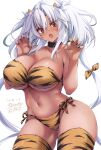  1girl absurdres alternate_costume animal_print bikini black_nails breasts commentary_request cone_horns cowboy_shot curled_fingers dark-skinned_female dark_skin glasses highres horns kantai_collection large_breasts long_hair mashiro_yukiya musashi_(kancolle) orange_bikini orange_thighhighs print_thighhighs side-tie_bikini_bottom simple_background solo swimsuit thighhighs tiger_print twintails white_background white_hair 