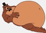 5_fingers anthro bear belly belly_grab big_belly black_eyebrows black_nose blojack_(artist) blue_eyes bow_tie brown_body brown_fur claws clothing deep_navel eyebrows fingers five_nights_at_freddy's freddy_(fnaf) fur grey_claws happy hat headgear headwear hi_res huge_belly hyper hyper_belly looking_at_viewer lying male mammal morbidly_obese morbidly_obese_anthro morbidly_obese_male navel nipples obese obese_anthro obese_male on_back overweight overweight_anthro overweight_male pink_nipples scottgames simple_background smile solo teeth top_hat white_background