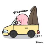  1girl bag bocchi_the_rock! chibi chibi_only closed_eyes driving from_side full_body gotoh_hitori hair_ornament highres holding holding_bag long_hair lulalang paper_bag pink_hair simple_background solo standing toy_car twitter_username white_background 